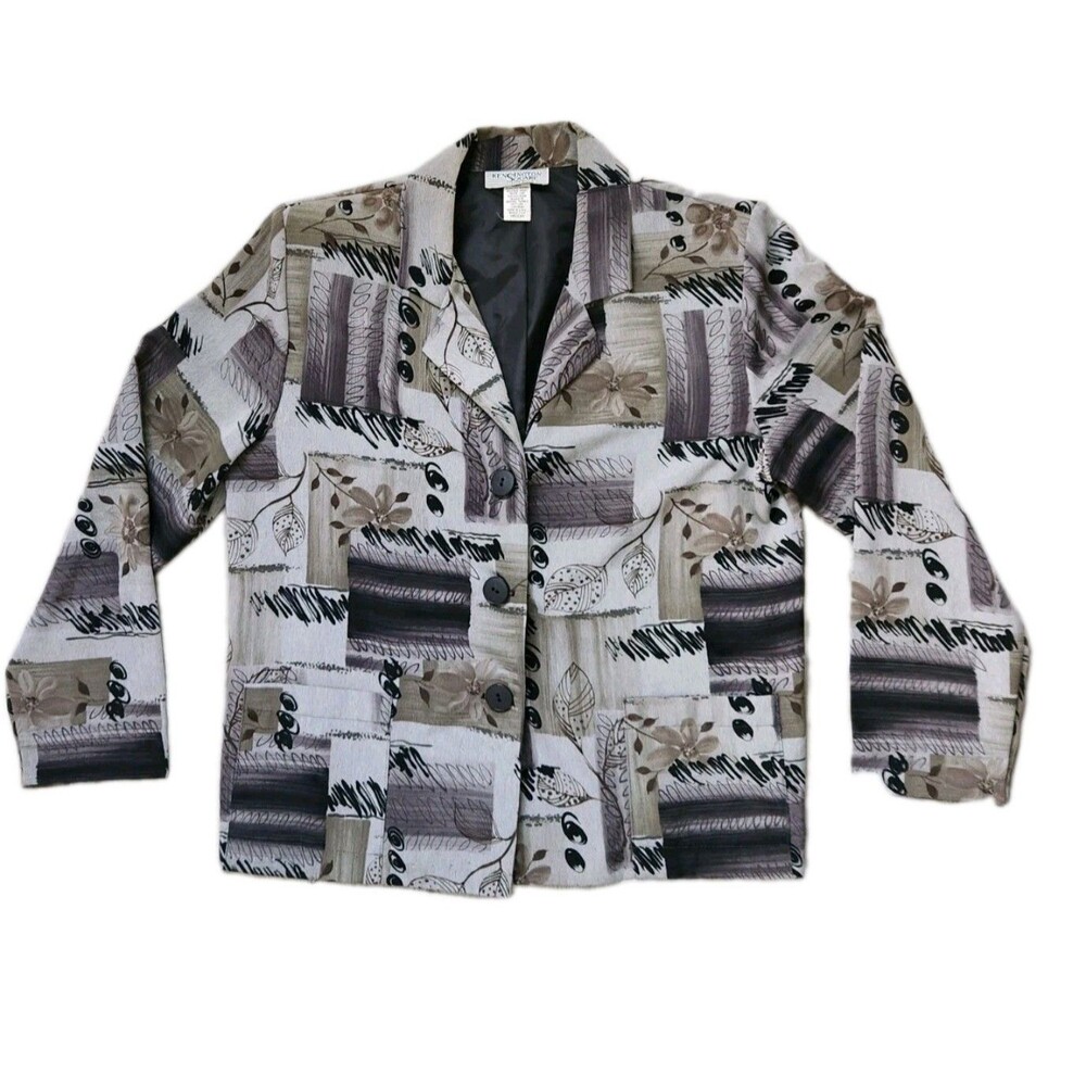 Kensington Square Abstract Print Blazer Jacket Gray Taupe Lined Womens M EUC